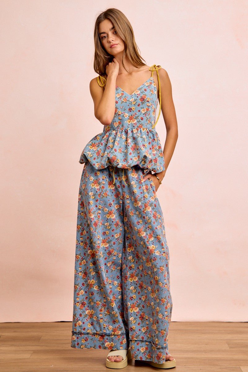BiBi Floral Printed Drawstring Wide Pants - Bitsy Gypsy Boutique