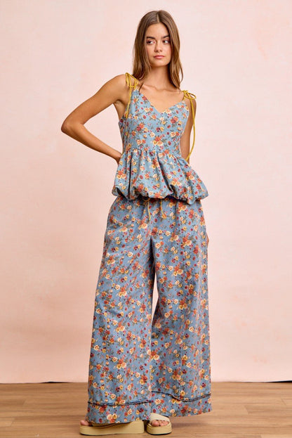 BiBi Floral Printed Drawstring Wide Pants - Bitsy Gypsy Boutique
