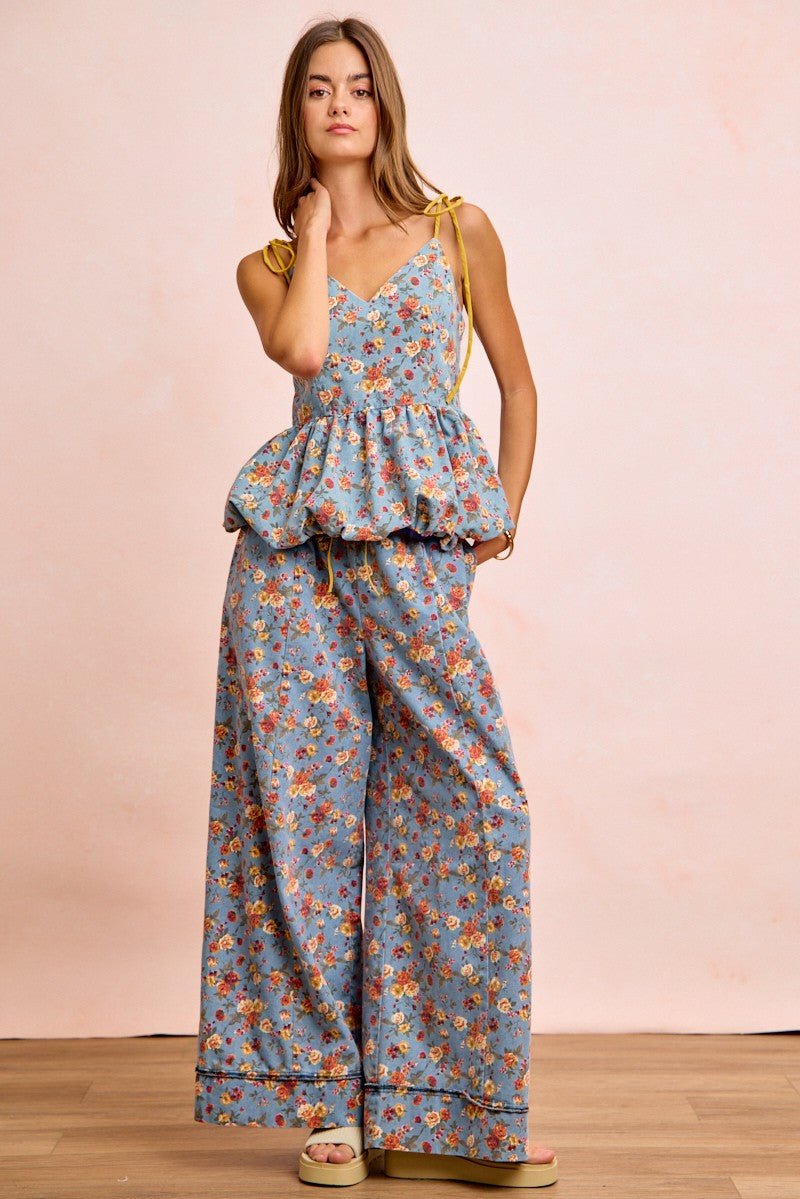 BiBi Floral Printed Drawstring Wide Pants - Bitsy Gypsy Boutique