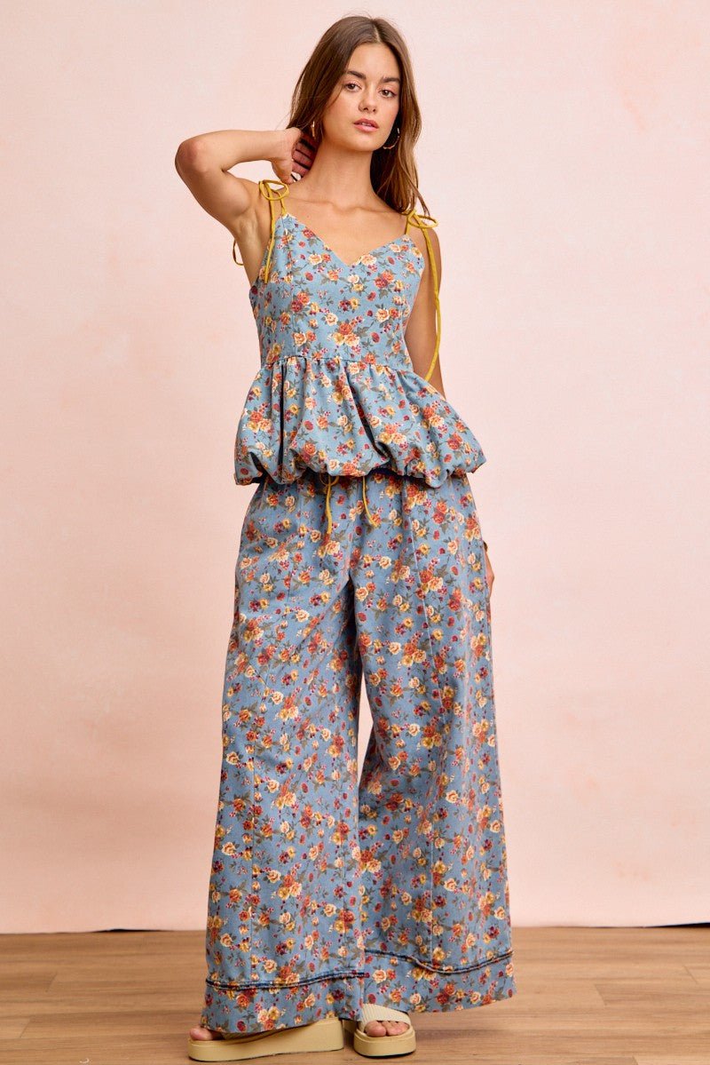 BiBi Floral Printed Drawstring Wide Pants - Bitsy Gypsy Boutique