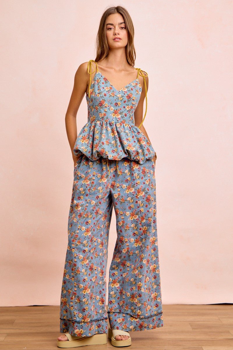 BiBi Floral Printed Drawstring Wide Pants - Bitsy Gypsy Boutique