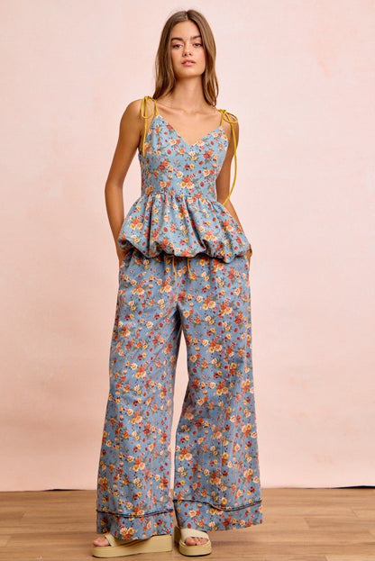 BiBi Floral Printed Drawstring Wide Pants - Bitsy Gypsy Boutique