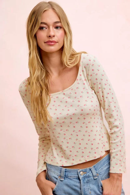 BiBi Floral Printed Spandex Jersey Long Sleeve Top - Bitsy Gypsy Boutique