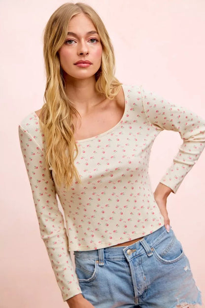 BiBi Floral Printed Spandex Jersey Long Sleeve Top - Bitsy Gypsy Boutique
