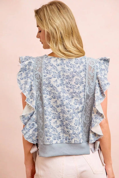BiBi Floral Printed Twill Lace Trim Detail Side Bow Tied Top - Bitsy Gypsy Boutique