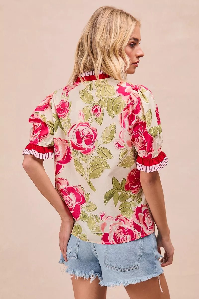 BiBi Floral Printed Woven Contrast Edge Ruffled Blouse - Bitsy Gypsy Boutique