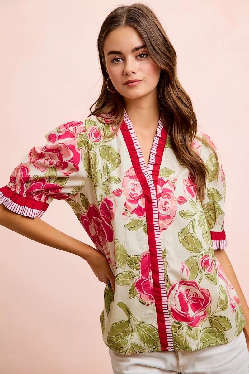 BiBi Floral Printed Woven Contrast Edge Ruffled Blouse - Bitsy Gypsy Boutique