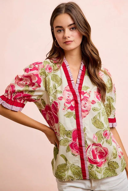 BiBi Floral Printed Woven Contrast Edge Ruffled Blouse - Bitsy Gypsy Boutique