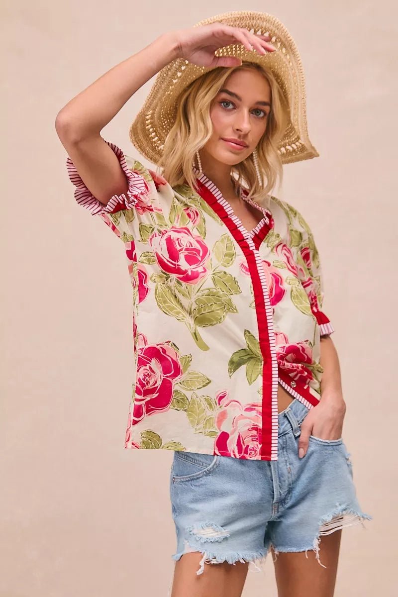 BiBi Floral Printed Woven Contrast Edge Ruffled Blouse - Bitsy Gypsy Boutique