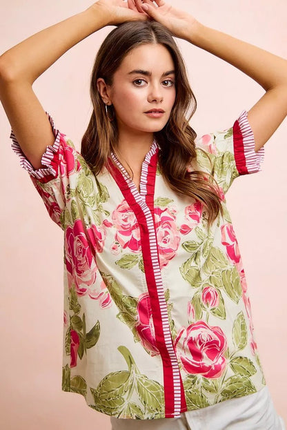 BiBi Floral Printed Woven Contrast Edge Ruffled Blouse - Bitsy Gypsy Boutique