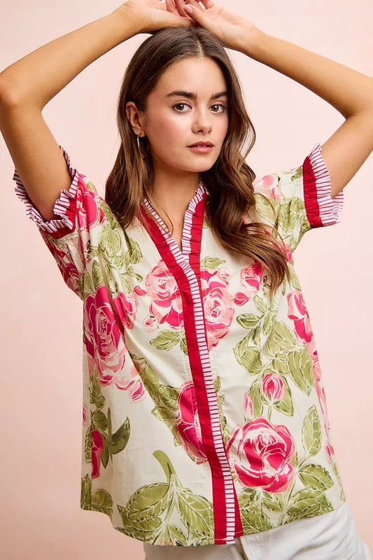 BiBi Floral Printed Woven Contrast Edge Ruffled Blouse - Bitsy Gypsy Boutique