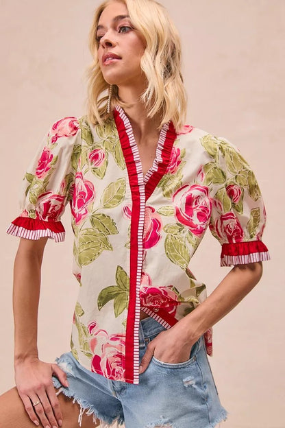 BiBi Floral Printed Woven Contrast Edge Ruffled Blouse - Bitsy Gypsy Boutique