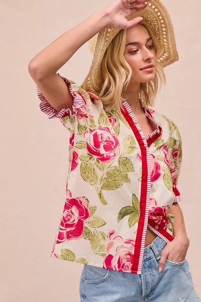 BiBi Floral Printed Woven Contrast Edge Ruffled Blouse - Bitsy Gypsy Boutique