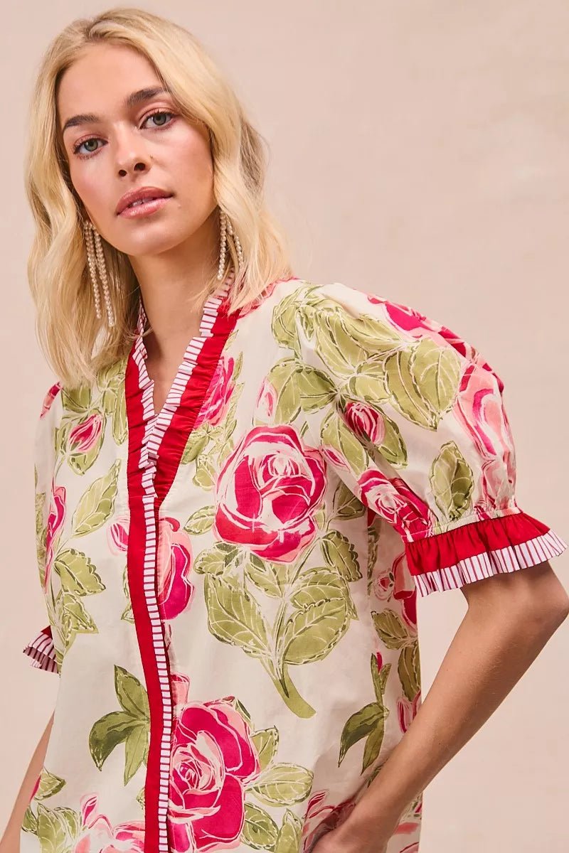 BiBi Floral Printed Woven Contrast Edge Ruffled Blouse - Bitsy Gypsy Boutique