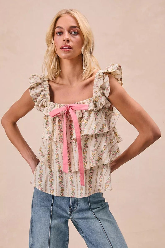 BiBi Floral Printed Woven Front Bow Tied Ruffled Square Neck Sleeveless Top - Bitsy Gypsy Boutique