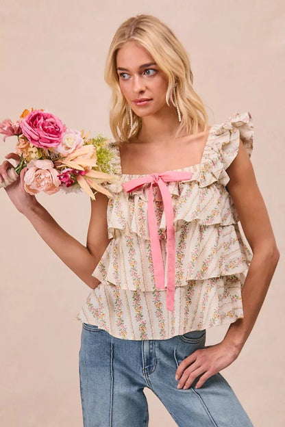 BiBi Floral Printed Woven Front Bow Tied Ruffled Square Neck Sleeveless Top - Bitsy Gypsy Boutique