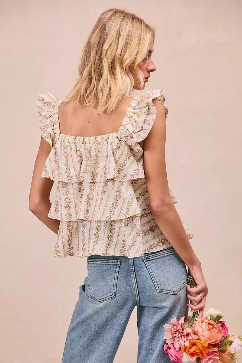 BiBi Floral Printed Woven Front Bow Tied Ruffled Square Neck Sleeveless Top - Bitsy Gypsy Boutique