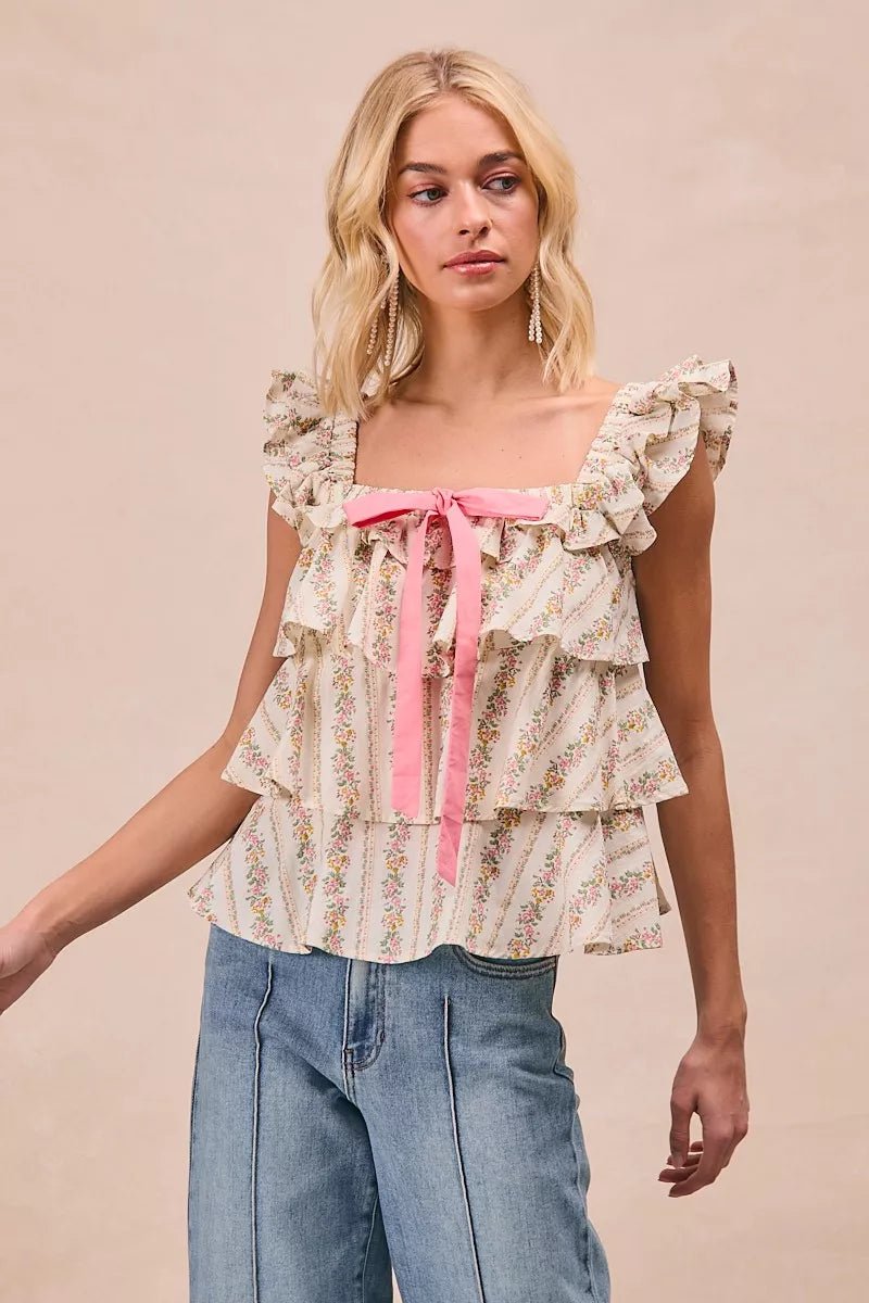 BiBi Floral Printed Woven Front Bow Tied Ruffled Square Neck Sleeveless Top - Bitsy Gypsy Boutique