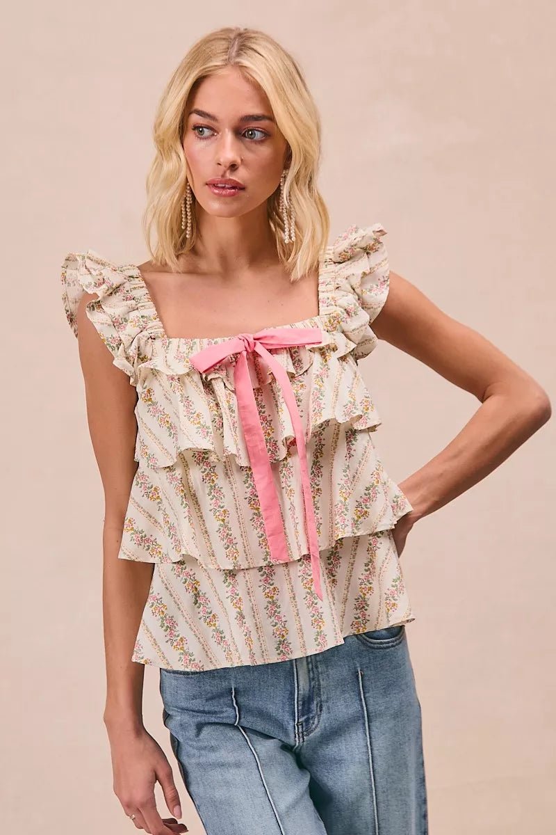 BiBi Floral Printed Woven Front Bow Tied Ruffled Square Neck Sleeveless Top - Bitsy Gypsy Boutique