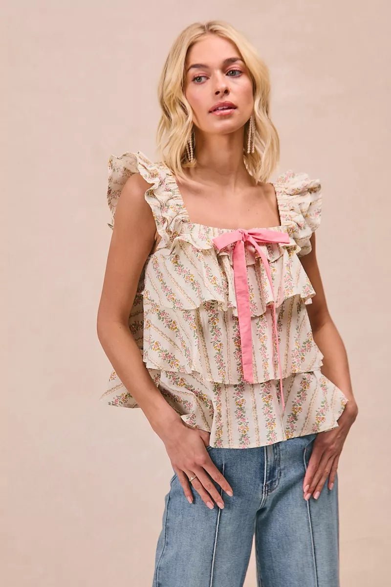 BiBi Floral Printed Woven Front Bow Tied Ruffled Square Neck Sleeveless Top - Bitsy Gypsy Boutique