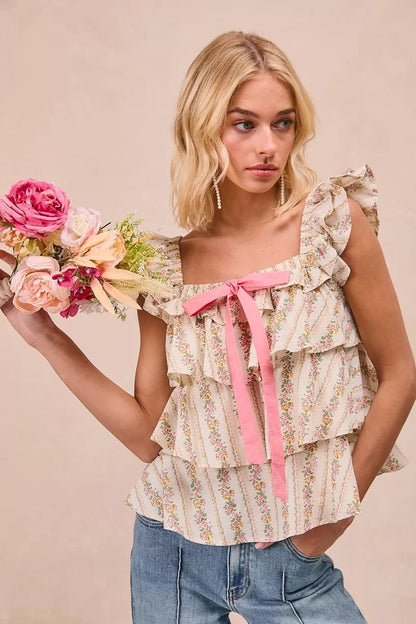 BiBi Floral Printed Woven Front Bow Tied Ruffled Square Neck Sleeveless Top - Bitsy Gypsy Boutique