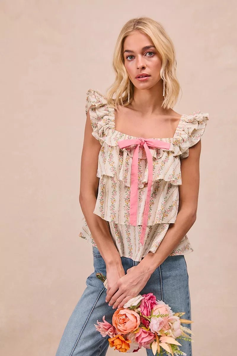 BiBi Floral Printed Woven Front Bow Tied Ruffled Square Neck Sleeveless Top - Bitsy Gypsy Boutique
