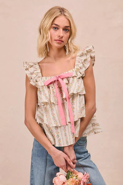 BiBi Floral Printed Woven Front Bow Tied Ruffled Square Neck Sleeveless Top - Bitsy Gypsy Boutique