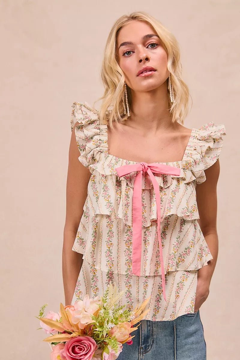 BiBi Floral Printed Woven Front Bow Tied Ruffled Square Neck Sleeveless Top - Bitsy Gypsy Boutique