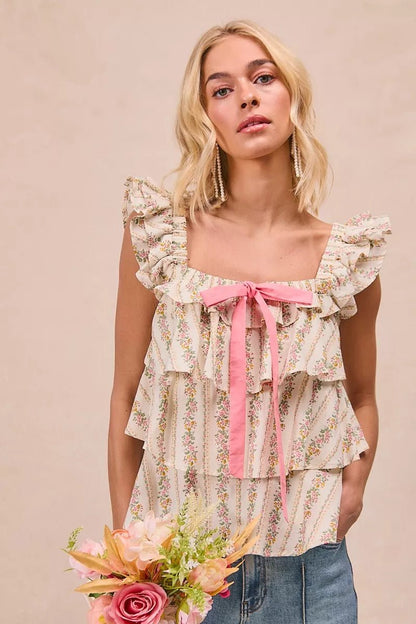 BiBi Floral Printed Woven Front Bow Tied Ruffled Square Neck Sleeveless Top - Bitsy Gypsy Boutique