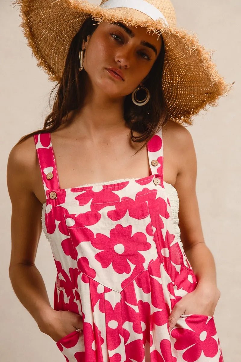 BiBi Floral Prints Tuck Detail Short Overall With Pockets - Bitsy Gypsy Boutique