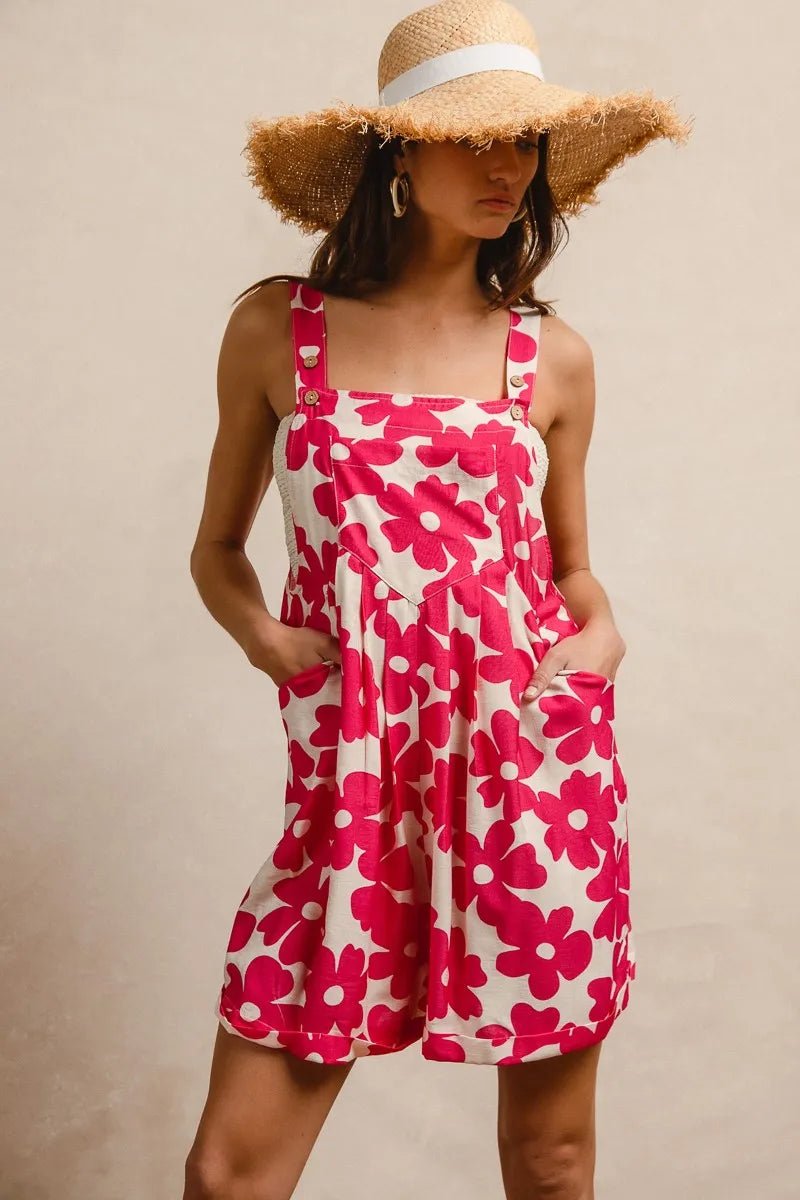 BiBi Floral Prints Tuck Detail Short Overall With Pockets - Bitsy Gypsy Boutique