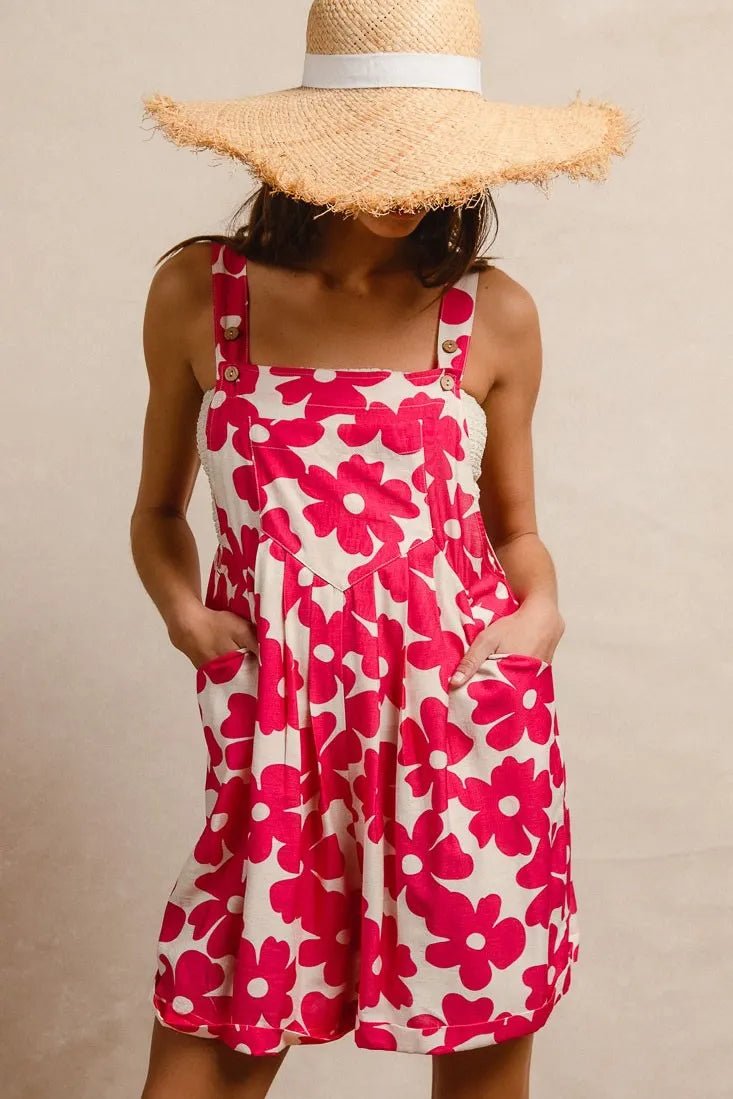 BiBi Floral Prints Tuck Detail Short Overall With Pockets - Bitsy Gypsy Boutique