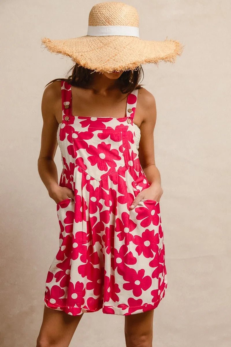 BiBi Floral Prints Tuck Detail Short Overall With Pockets - Bitsy Gypsy Boutique