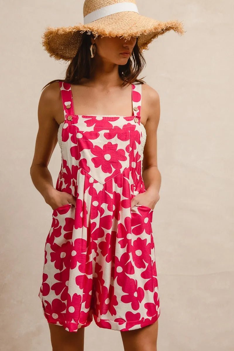 BiBi Floral Prints Tuck Detail Short Overall With Pockets - Bitsy Gypsy Boutique