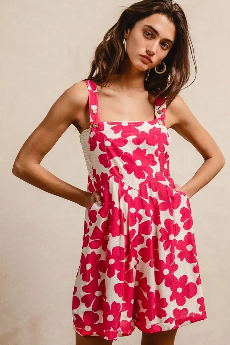 BiBi Floral Prints Tuck Detail Short Overall With Pockets - Bitsy Gypsy Boutique