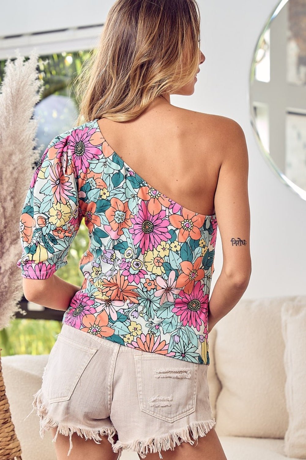 BiBi Floral Puff Sleeve One Shoulder Top - Bitsy Gypsy Boutique