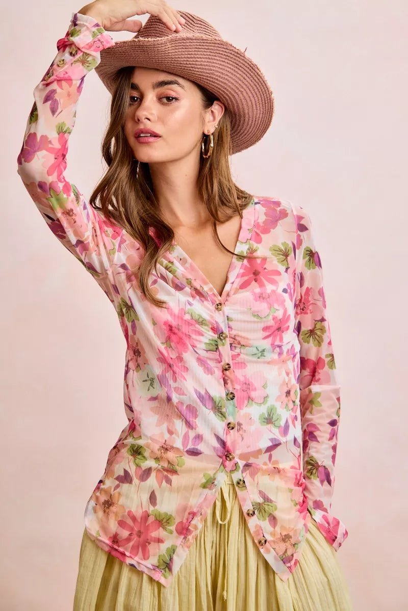 BiBi Floral Shrried Detail Button Up Mesh Cardigan Top - Bitsy Gypsy Boutique
