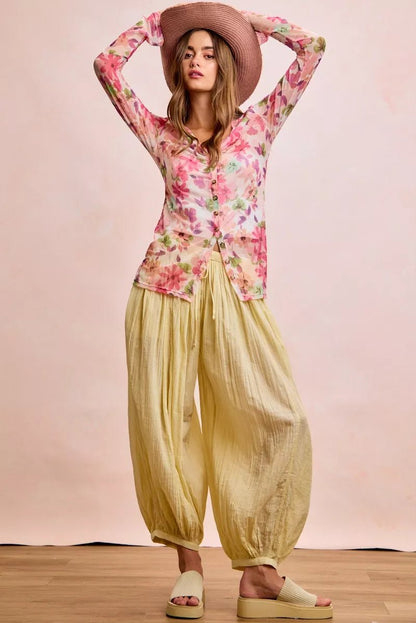 BiBi Floral Shrried Detail Button Up Mesh Cardigan Top - Bitsy Gypsy Boutique