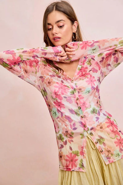 BiBi Floral Shrried Detail Button Up Mesh Cardigan Top - Bitsy Gypsy Boutique