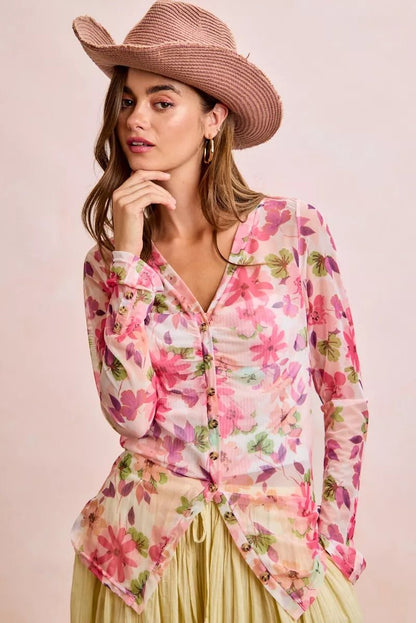 BiBi Floral Shrried Detail Button Up Mesh Cardigan Top - Bitsy Gypsy Boutique