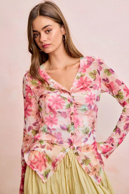 BiBi Floral Shrried Detail Button Up Mesh Cardigan Top - Bitsy Gypsy Boutique