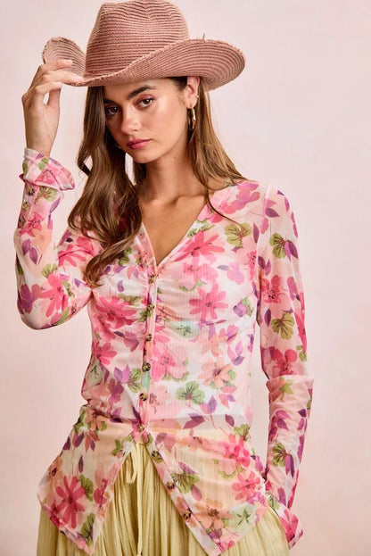 BiBi Floral Shrried Detail Button Up Mesh Cardigan Top - Bitsy Gypsy Boutique
