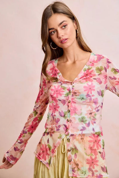 BiBi Floral Shrried Detail Button Up Mesh Cardigan Top - Bitsy Gypsy Boutique