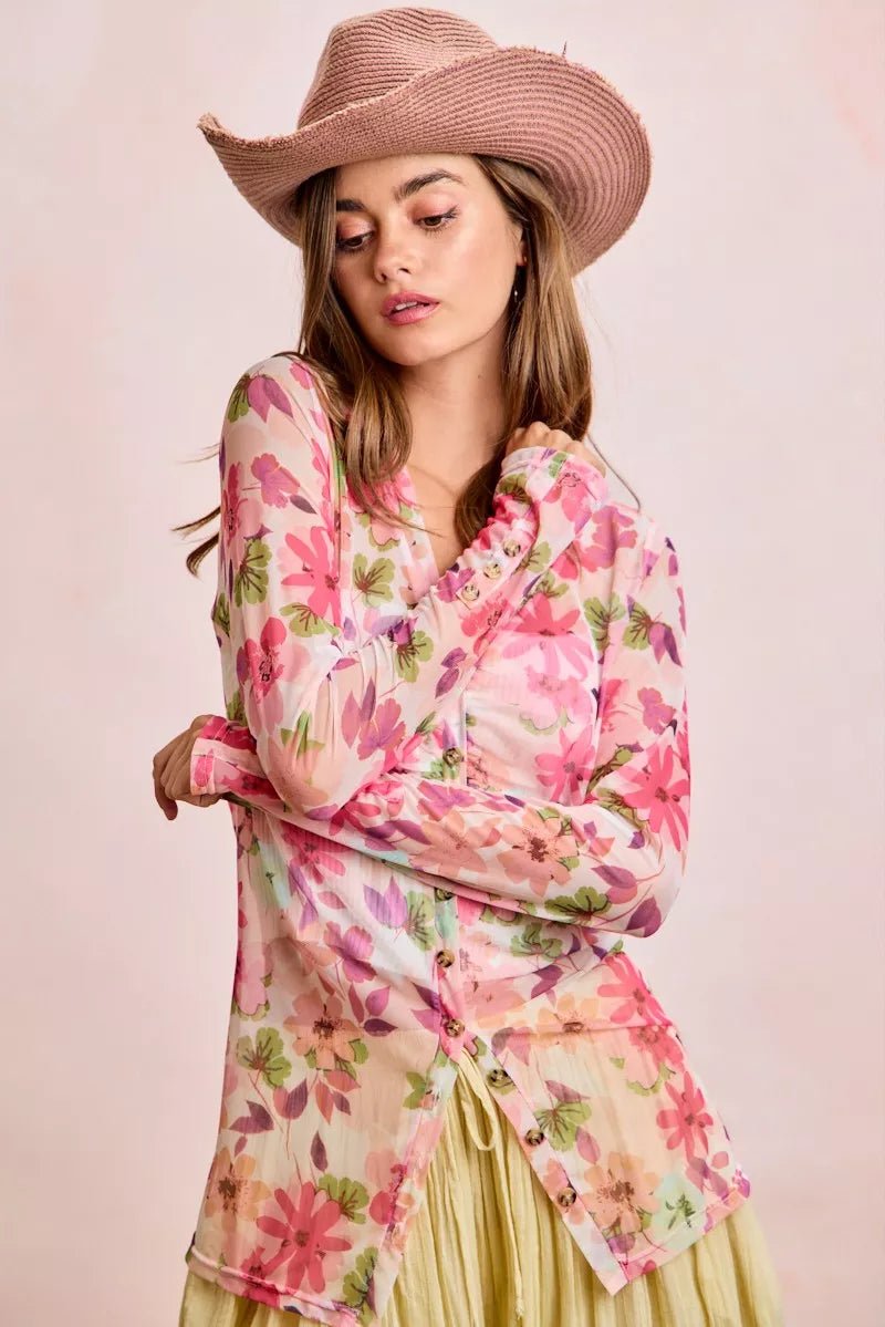 BiBi Floral Shrried Detail Button Up Mesh Cardigan Top - Bitsy Gypsy Boutique