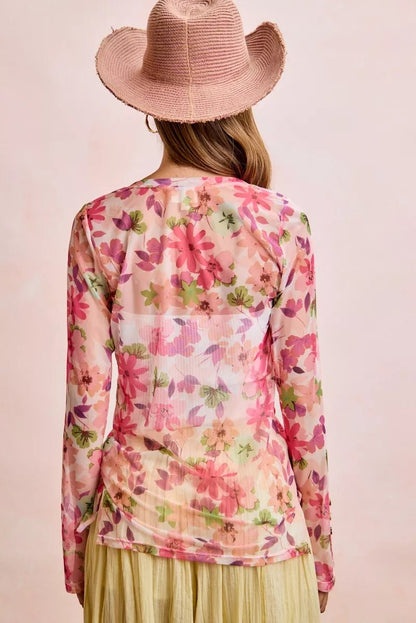 BiBi Floral Shrried Detail Button Up Mesh Cardigan Top - Bitsy Gypsy Boutique