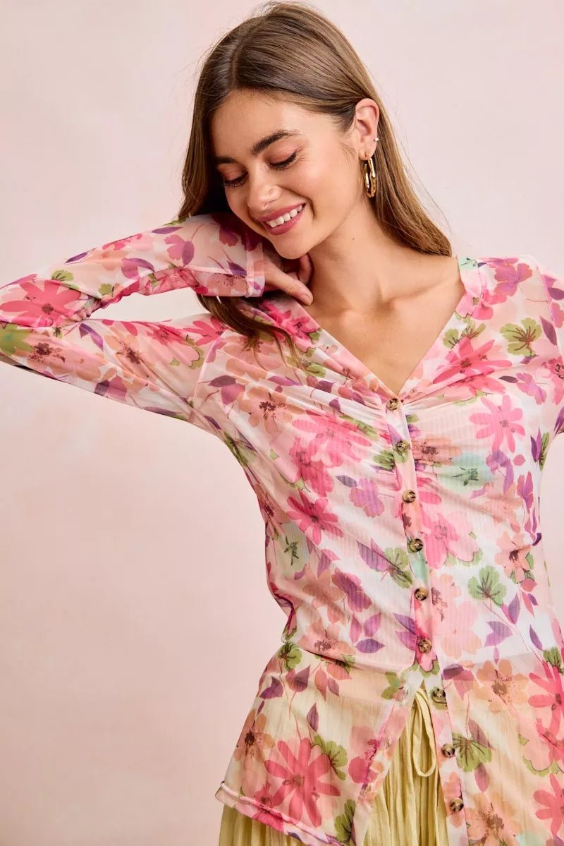 BiBi Floral Shrried Detail Button Up Mesh Cardigan Top - Bitsy Gypsy Boutique