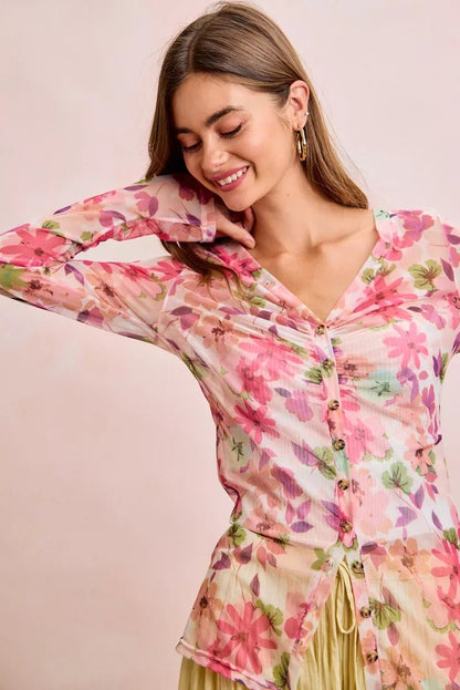 BiBi Floral Shrried Detail Button Up Mesh Cardigan Top - Bitsy Gypsy Boutique
