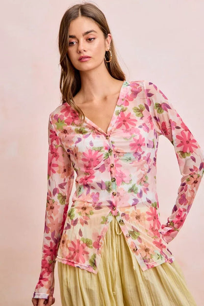 BiBi Floral Shrried Detail Button Up Mesh Cardigan Top - Bitsy Gypsy Boutique