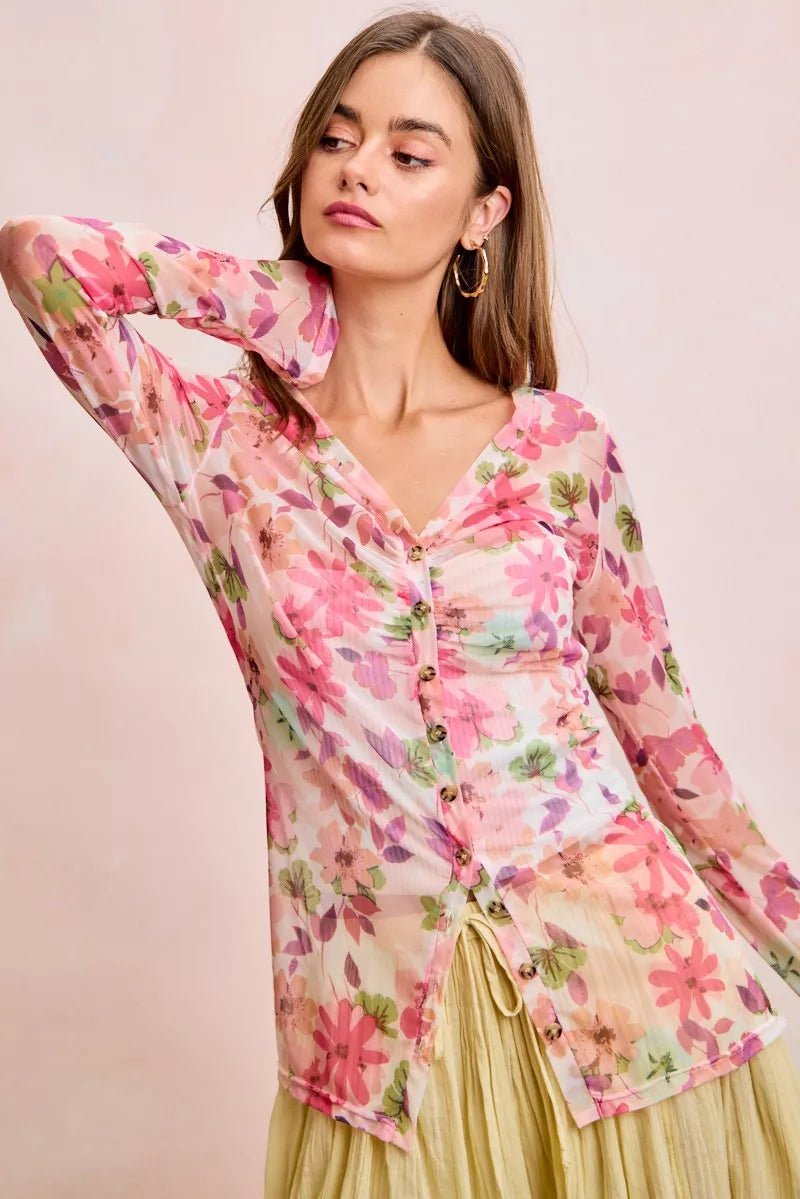 BiBi Floral Shrried Detail Button Up Mesh Cardigan Top - Bitsy Gypsy Boutique