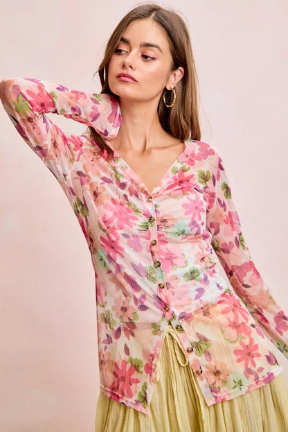 BiBi Floral Shrried Detail Button Up Mesh Cardigan Top - Bitsy Gypsy Boutique
